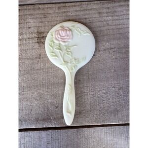 ANTIQUE CERAMIC HAND MIRROR ROSE STEM LEAVES CHILD VANITY DOLL VINTAGE OLD